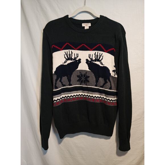 Vintage 90s Y2K Elk Heavy Knit Fair‎ Isle  Unisex Green  Sweater - Picture 1 of 8